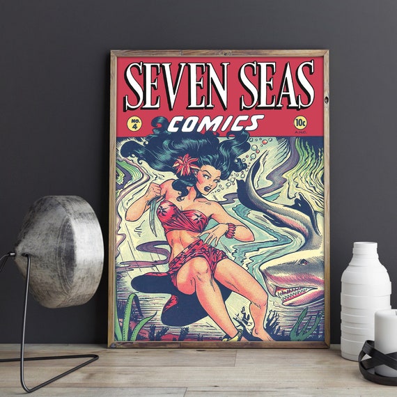 VINTAGE COMIC POSTER Seven Seas Vintage Nautical Art Print, Wall Art - Seven Seas, Shark, Vintage Ocean Artwork