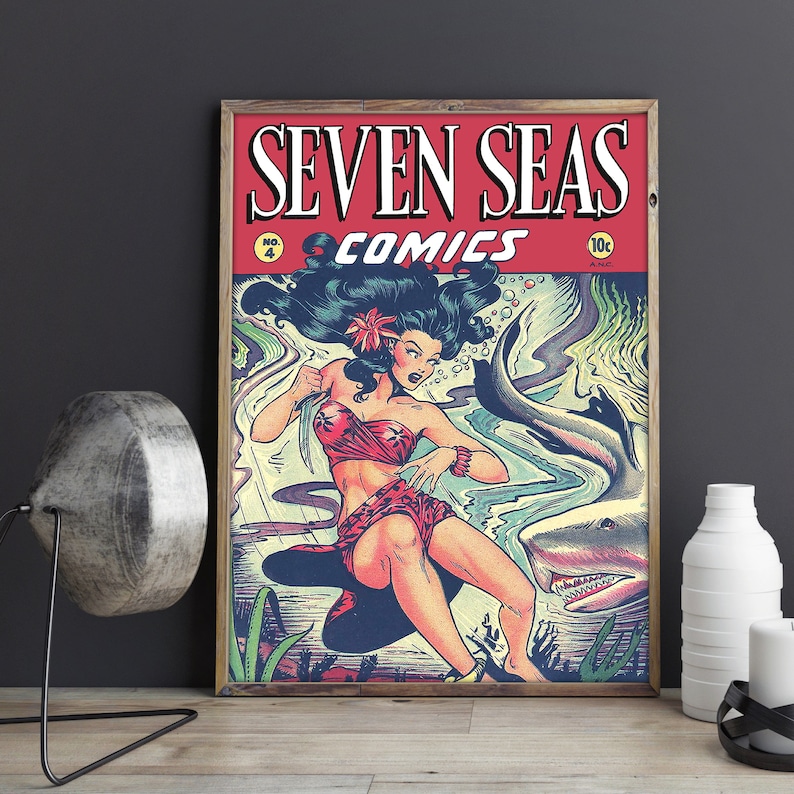 May include: A vintage comic book cover featuring a woman in a red bikini and a flower in her hair, swimming with a shark in the ocean. The cover is titled "Seven Seas Comics" with the issue number "No. 4" and price "10c".