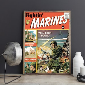 May include: A vintage comic book cover featuring a soldier firing a gun with the title "Fightin' Marines" in red and white lettering. The cover also includes the text "Yalu Death Squad" and "Purple Heart Potato".