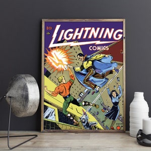 VINTAGE SUPERHERO POSTER Lightning Comics Comic Book Superhero Vintage Art print - Vintage Superhero Comic Book Poster Art
