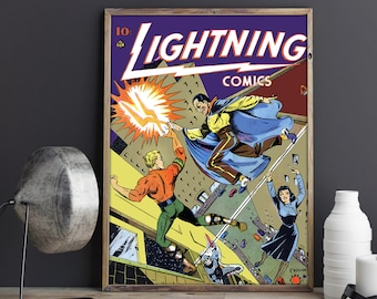VINTAGE SUPERHERO POSTER Lightning Comics Comic Book Superhero Vintage Art print - Vintage Superhero Comic Book Poster Art