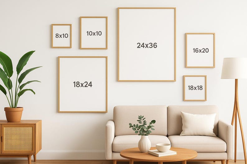 May include: A collection of framed art prints in various sizes, including 8x10, 10x10, 16x20, 18x18, 18x24, and 24x36 inches, displayed on a white wall. The frames have a light wood finish. A sofa, coffee table, and lamp are in the foreground.