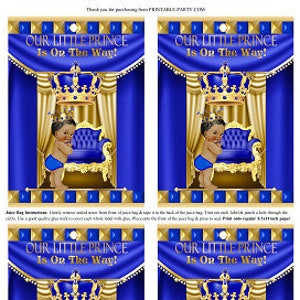 May include: Four baby shower invitations with the text "OUR LITTLE PRINCE Is On The Way!". Each card features a cartoon baby, a blue throne, and a gold crown on a blue and gold background.