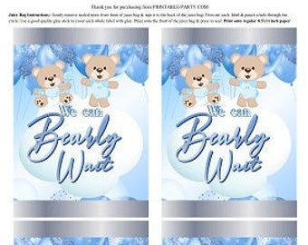 Étiquettes imprimables pour sacs de jus | Bearly Wait Teddy Bear Baby Shower Garçon Bleu Argent Marron Tan Blanc | Pochette de boisson Téléchargement instantané