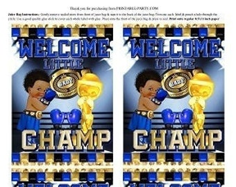 印刷可能なジュース バッグ ラベル | ボクサー ボクシング スポーツ リトル チャンプ ブルー ゴールド ブラック | ドリンク ポーチ 即時ダウンロード