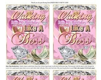 Printable Capri Juice Bag Labels | Denim Diamonds Pink Gold Boss Birthday Decoration | PDF Instant Download