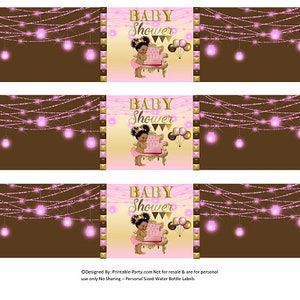 Printable Water Bottle Labels | Baby Shower Brown Pink Gold African Ethnic Royal Princess Drink Wrappers | Instant Download