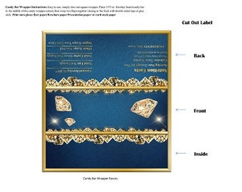 Envoltorios de barra de caramelo imprimibles / Etiquetas de barra de chocolate doradas con diamantes de mezclilla editables en blanco / Descarga instantánea