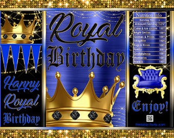 Printable Chip Bags | Royal Birthday Blue Black Gold Crown Princess Prince Queen King |  Party Favors Gift Wrappers