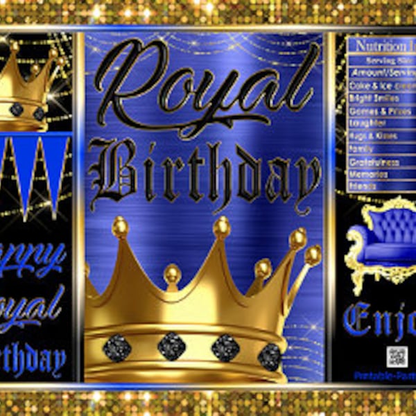 Printable Chip Bags | Royal Birthday Blue Black Gold Crown Princess Prince Queen King |  Party Favors Gift Wrappers