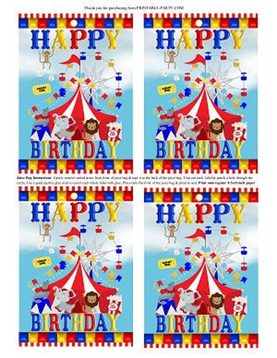 Printable Capri Juice Bag Labels | Circus Carnival Animals Red Blue Yellow Birthday Decoration | PDF Instant Download Il_570xn
