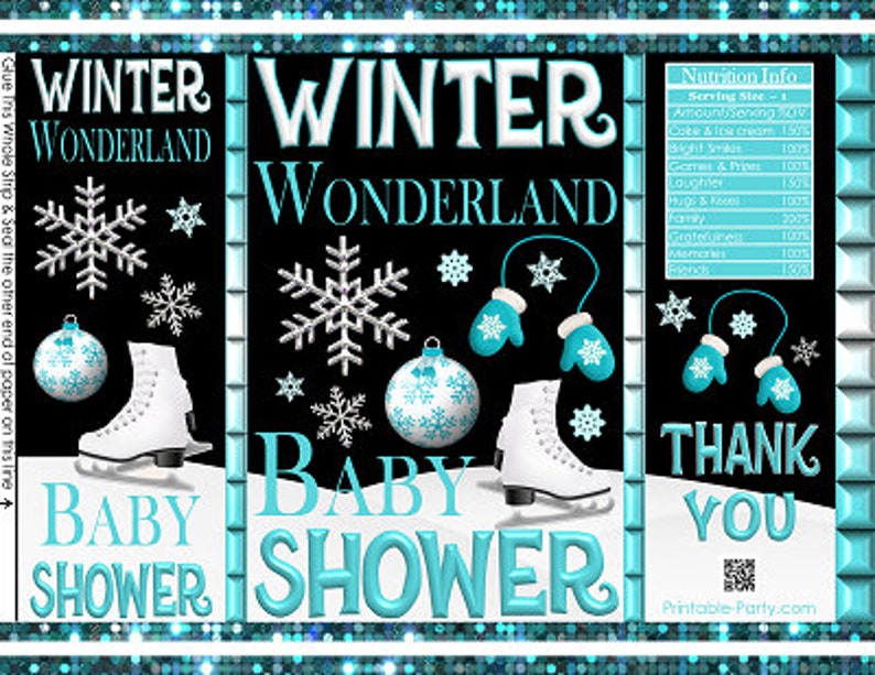 Teal Turquoise Blue Black White Favor Bags Printable Potato Chip Bags Winter Wonderland Snowflakes Baby Shower