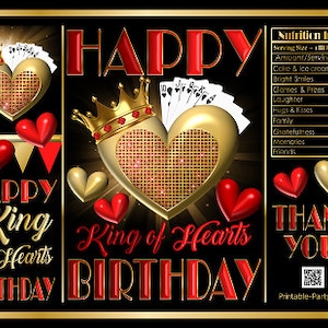 Bolsas de papas fritas imprimibles / Tarjetas de casino Rey de corazones Poker Hombres Tema Fiesta de cumpleaños Favores / Rojo Oro Negro