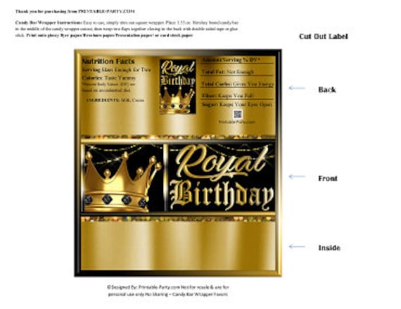 Printable Candy Bar Wrappers | Royal Happy Birthday King Prince Queen Princess Black Gold Chocolate Bar Labels | Instant Download Il_570xn