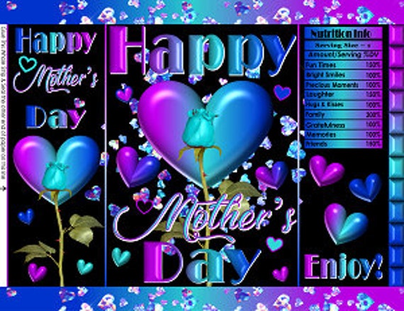Printable Potato Chip Bags | Mothers Day Hearts Flowers Gift Wrapper Label | Purple Teal Blue Black Il_570xn