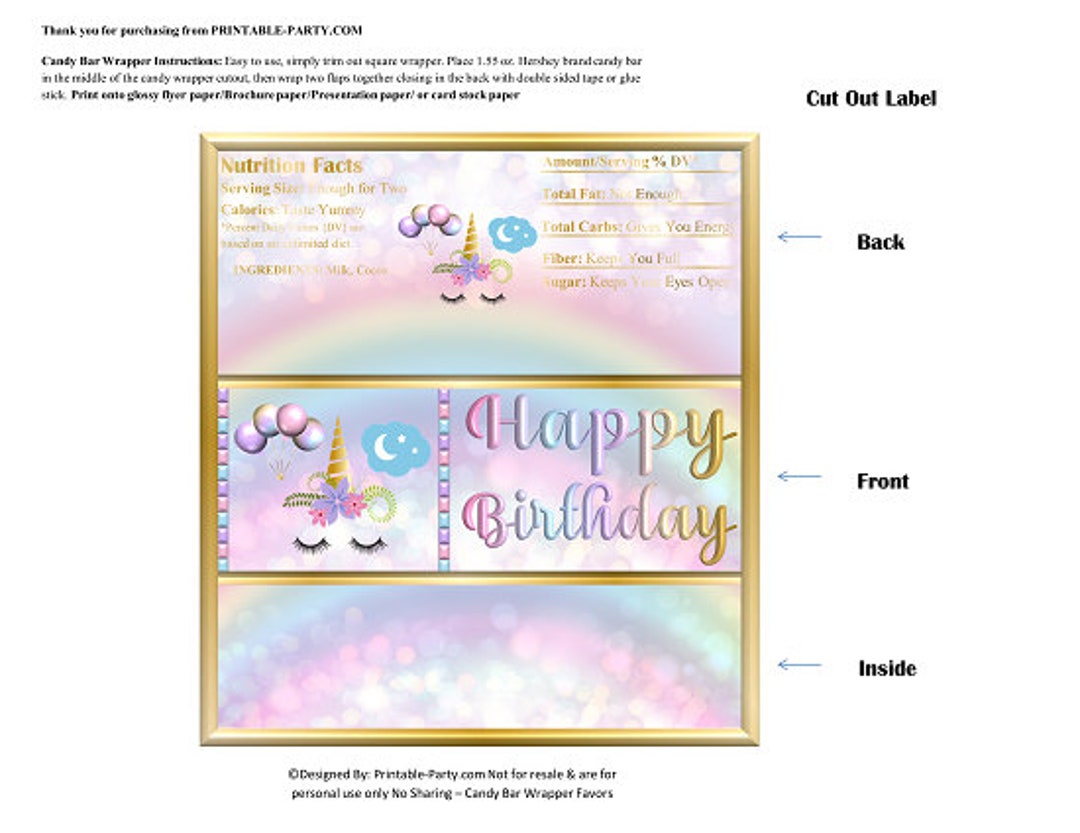Printable Candy Bar Wrappers | Unicorn Rainbow Gold Pastel Birthday ...