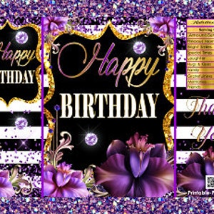 Printable Potato Chip Bags | Happy Birthday Floral Flower Wine Purple Black White Gold | Elegant Party Favors