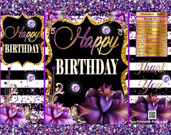 Printable Potato Chip Bags | Happy Birthday Floral Flower Wine Purple Black White Gold | Elegant Party Favors