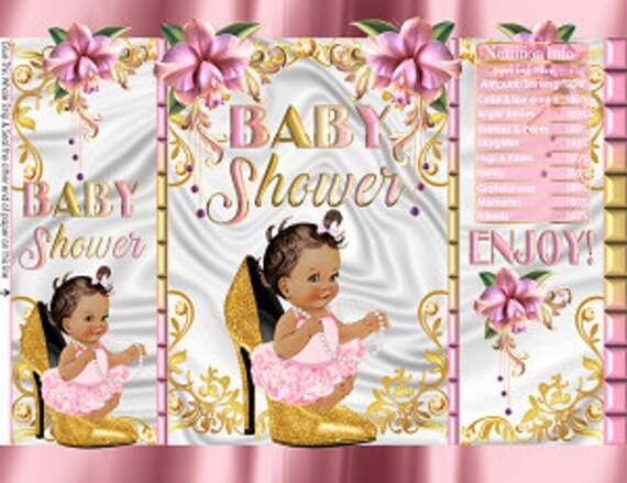 Printable Potato Chip Bags | Diva Princess High Heels Flowers Floral Baby Shower Pink White Gold African Girl | Baby Shower Favors Il_570xn