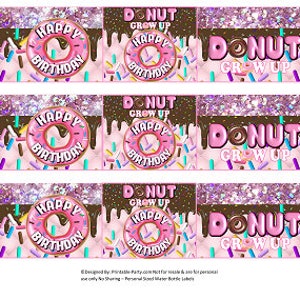 Printable Water Bottle Labels | Donut Grow Up Birthday Favors Decorations Doughnut Shop Sprinkles Pink Brown