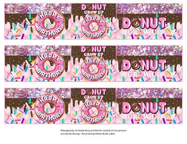 Printable Water Bottle Labels Donut Grow Up Birthday Favors Decorations Doughnut Shop Sprinkles Pink Brown image 1