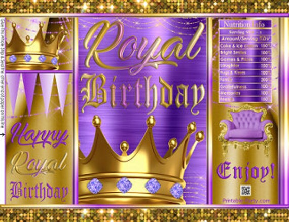 Printable Chip Bags | Royal Birthday Purple Lavender Gold Crown Princess Prince Queen King | Party Favors Gift Wrappers Il_570xn