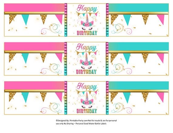 Printable Water Bottle Labels | Unicorn Pink Teal Gold Sprakle Birthday Drink Wrappers | Instant Download Il_570xn