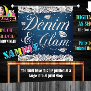 Backdrop Banner 4x4 Foot Printable PDF Instant Download |  Denim Glam Diamonds Bling Luxury Blue Jeans