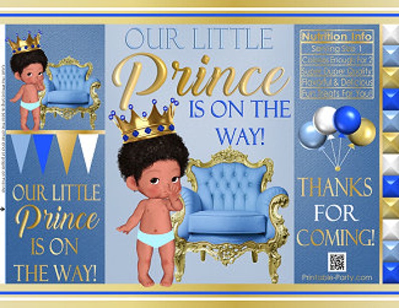 Printable Potato Chip Bags Blue White Gold Prince Ethnic African Amercian Boy Royal Baby Shower Favors image 1