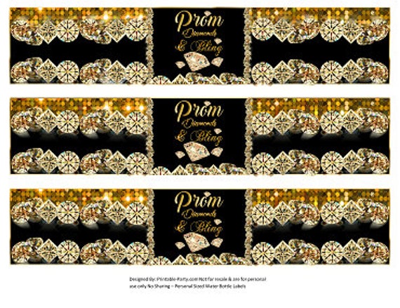 Printable Water Bottle Labels | Black Gold Bling Golden Diamonds Prom Night Drink Wrappers | Instant Download Il_570xn