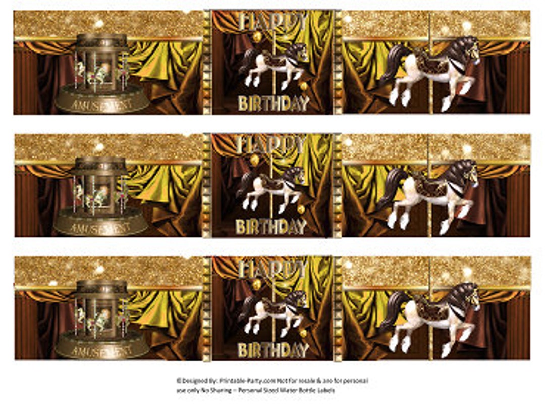 Printable Water Bottle Labels Carousel Horse Carnival Brown Gold Drink ...