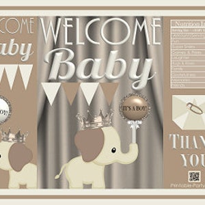 Printable Potato Chip Bags | Boy Royal Prince Elephant Baby Shower Tan | Party Favors