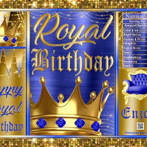 May include: A blue and gold printable party favour bag with a crown and the text "Happy Royal Birthday" and "Royal Birthday". The bag also includes a nutrition info section with the text "Enjoy!" and "Printable-Party.com".