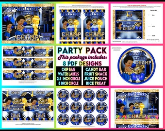 Boxer afro-américain imprimable, champion de boxe, sport, bleu Royal, or, noir, cadeaux de réception-cadeau pour bébé, décorations, paquet de fournitures