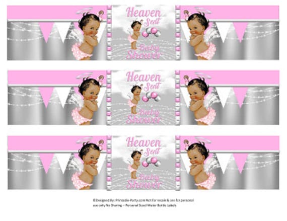 Printable Water Bottle Labels | Heaven Sent Angel Girl Pink Silver Baby Shower African American Drink Wrappers | Instant Download Il_570xn