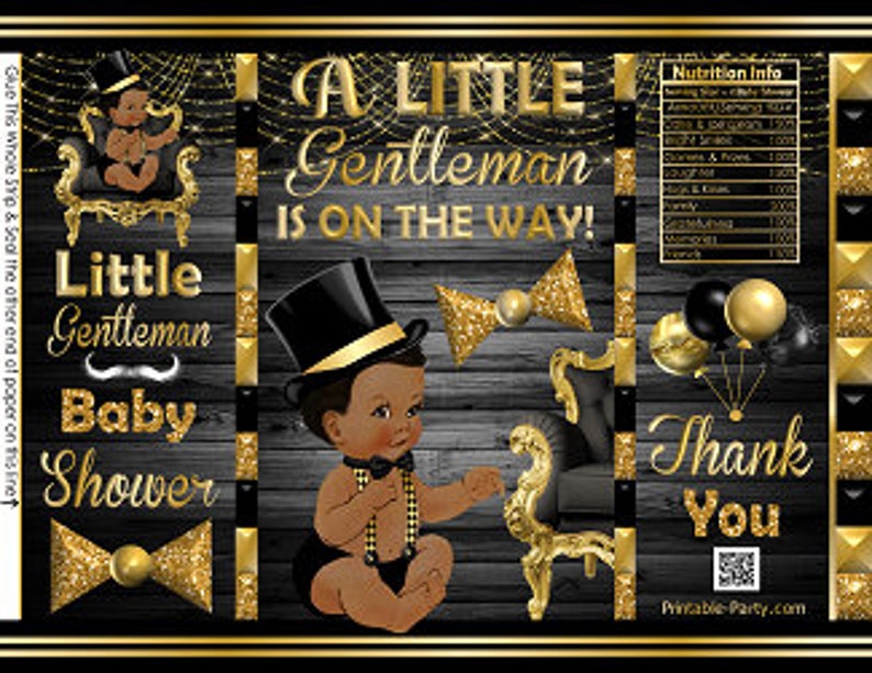 Printable Potato Chip Bags Black Gold Glitter Ethnic African Amercian Little Top Hat Gentleman Baby Shower Favors image 1