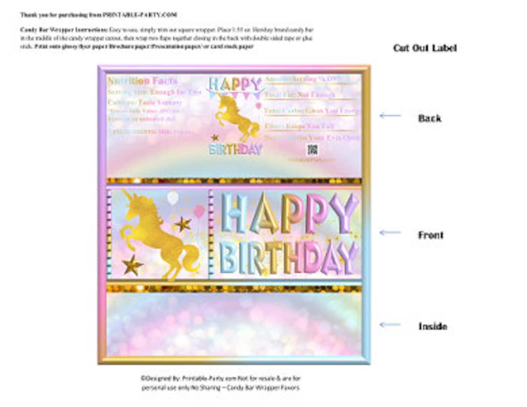 Printable Candy Bar Wrappers | Unicorn Rainbow Sparkle Gold Pastel ...