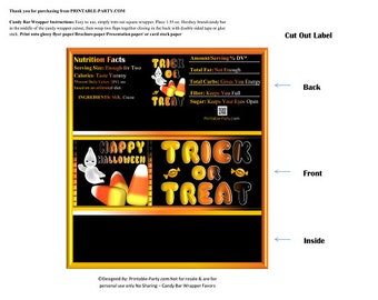 Printable Candy Bar Wrappers | Halloween Ghost Candy Corn Trick or Treat Chocolate Bar Labels | Instant Download
