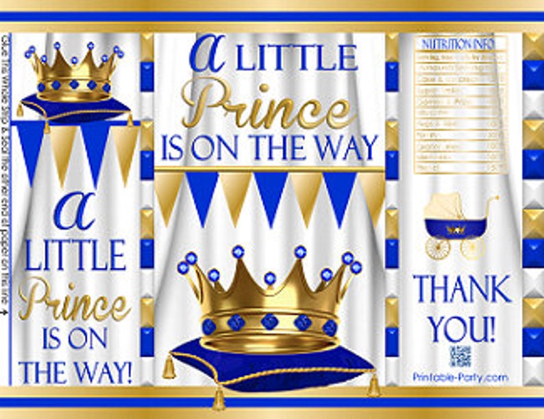 Printable Potato Chip Bags Boy Royal Prince Baby Shower Blue White Gold Party Favors