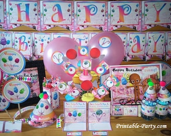 Décorations de fête imprimables Candy Wonderland | Rainbow Candyland Thème Fournitures d'anniversaire Sacs à puces