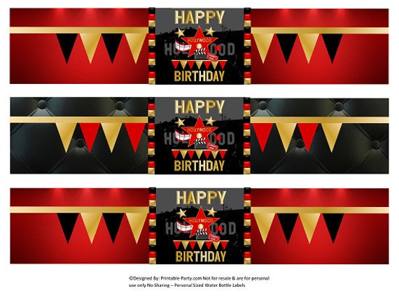 Printable Water Bottle Labels | Hollywood Red Gold Black Birthday Drink Wrappers | Instant Download Il_570xn