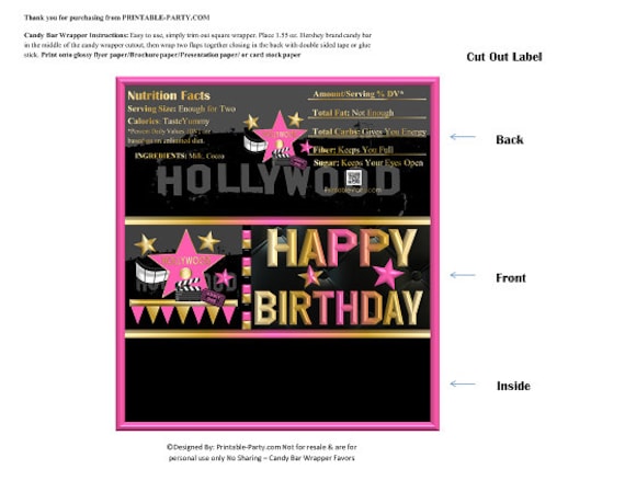 Printable Candy Bar Wrappers | Hollywood Pink Gold Black Birthday Chocolate Bar Labels | Instant Download Il_570xn
