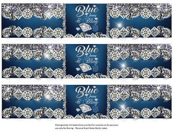 Etiquetas de botellas de agua imprimibles / Blue Jeans y Bling Denim Diamond Birthday Party Drink Wrappers Descarga instantánea