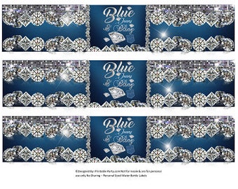 Printable Water Bottle Labels | Blue Jeans and Bling Denim Diamond Birthday Party Drink Wrappers Instant Download