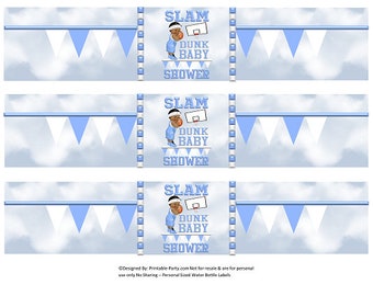 Printable Water Bottle Labels | Slam Dunk Basketball Sports Blue White Baby Shower African American Drink Wrappers | Instant Download