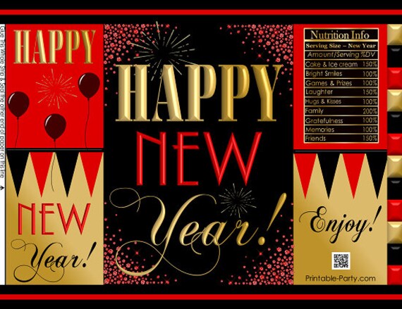Happy New Year Red Black Printable Potato Chip Bags | Holiday Gift Wrap Bag Il_570xn