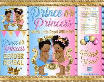 Printable Potato Chip Bags | African Ethnic Royal Gender Reveal Prince or Princess Baby Shower Favors | Pink Blue Glitter Gold