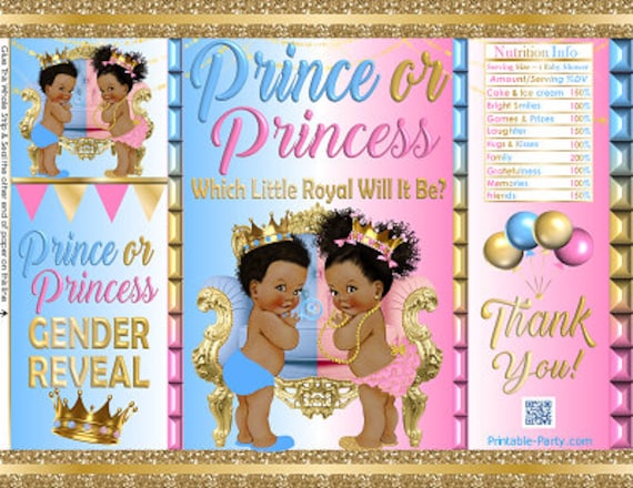 Printable Potato Chip Bags | African Ethnic Royal Gender Reveal Prince or Princess Baby Shower Favors | Pink Blue Glitter Gold Il_570xn
