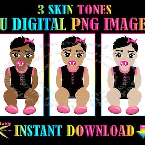 African Baby Girl Short Hair Afro Curly Wavy | Pink Black Gold Onesie slippers | Digital Download PNG Clipart Graphics Commercial Use OK