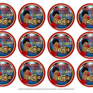 Etiquetas circulares de 2,5 pulgadas imprimibles PDF Descarga instantánea / Boxer Boxing Champ Sports Red Gold Black Boy Baby Shower